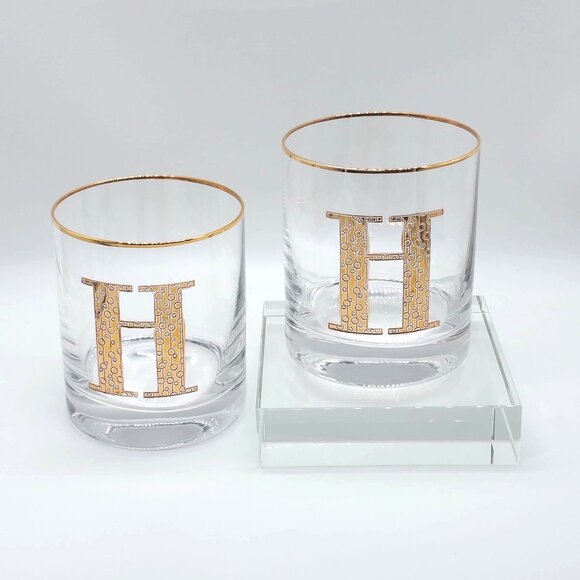 2pc Anthropologie 24k Gold Gilded Monogram Glass Tumblers Letter H 15oz - Picture 2 of 7